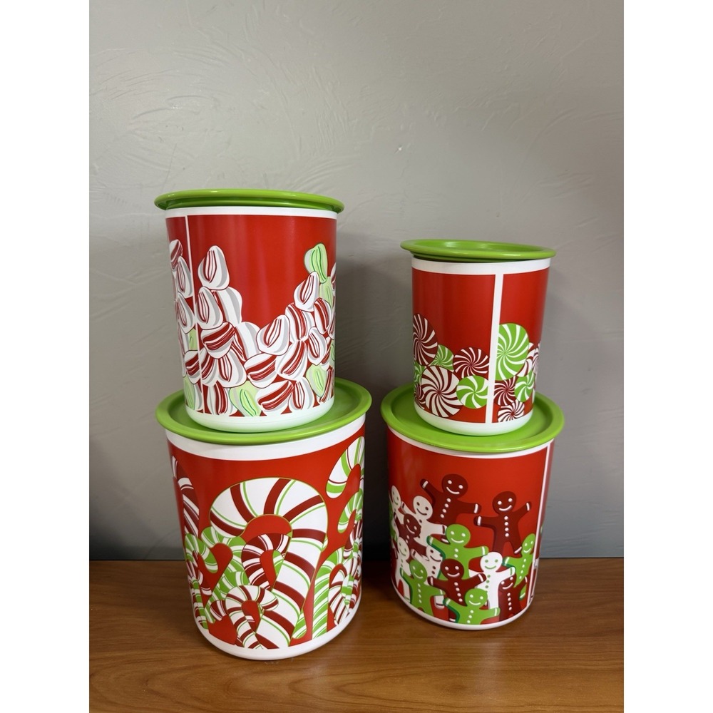 Tupperware One Touch Christmas Canisters Holiday Candy Cane Containers Set of 4